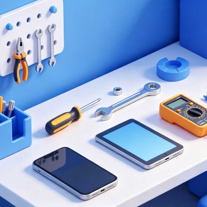 Mesa de assistência técnica com ferramentas e ordem de serviço